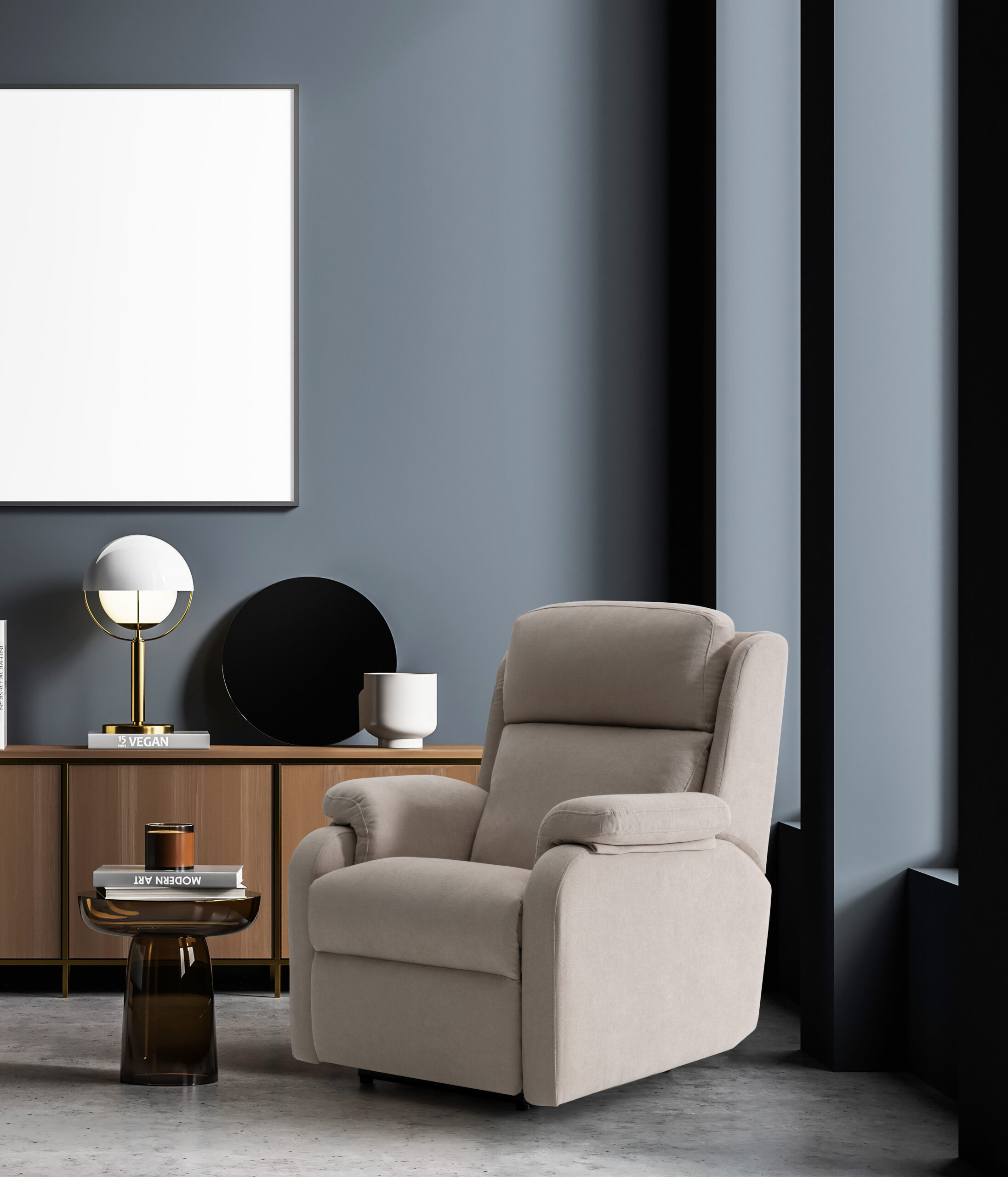 Empty poster on grey wall in the waiting room interior with glass coffee table and two green armchairs. Lamp on the left and on the sideboard. Two windows on the right. Concrete floor. 3d rendering